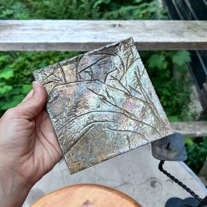 Vintage Raku Pottery Art Tile Wall Plaque 6.5 Inch Rainbow Iridescent Metallic